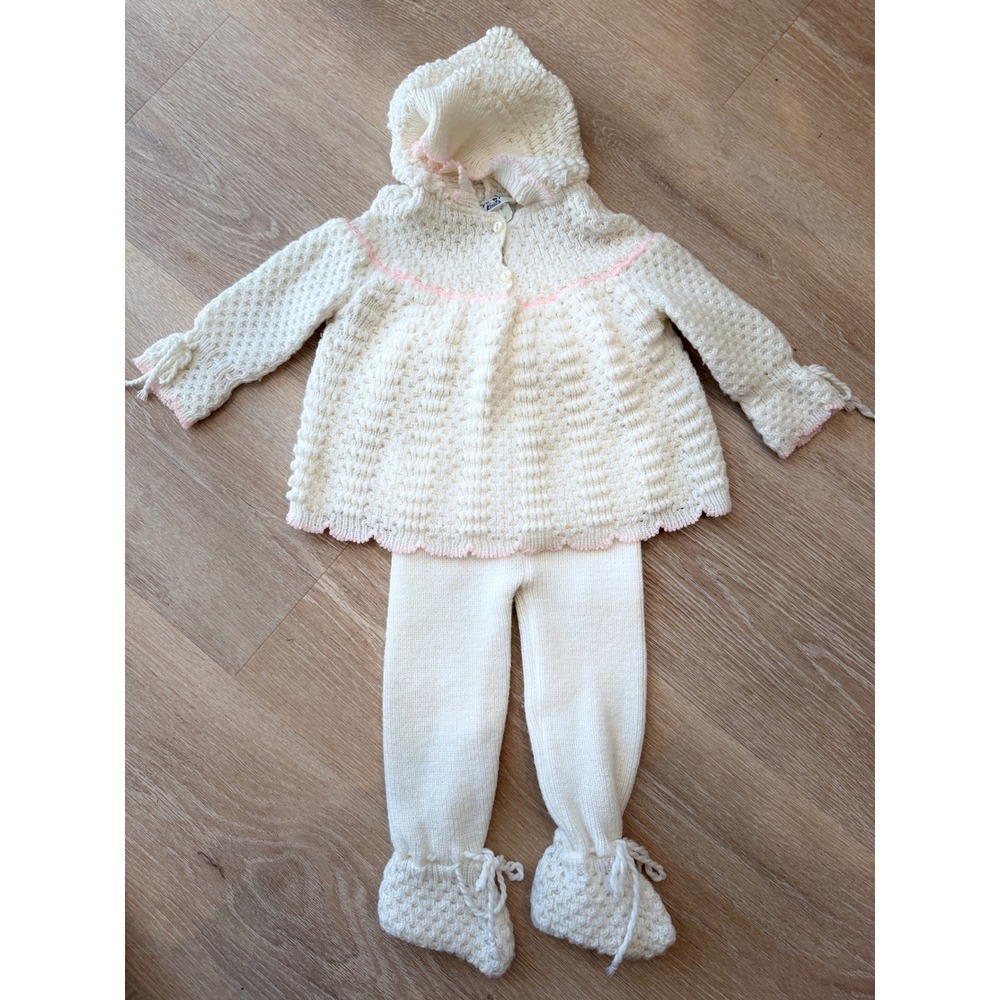 Vintage 1970s Bye-Bye Knits Pink Trim Hooded Sweater and Bootie Pants Set 12-18m